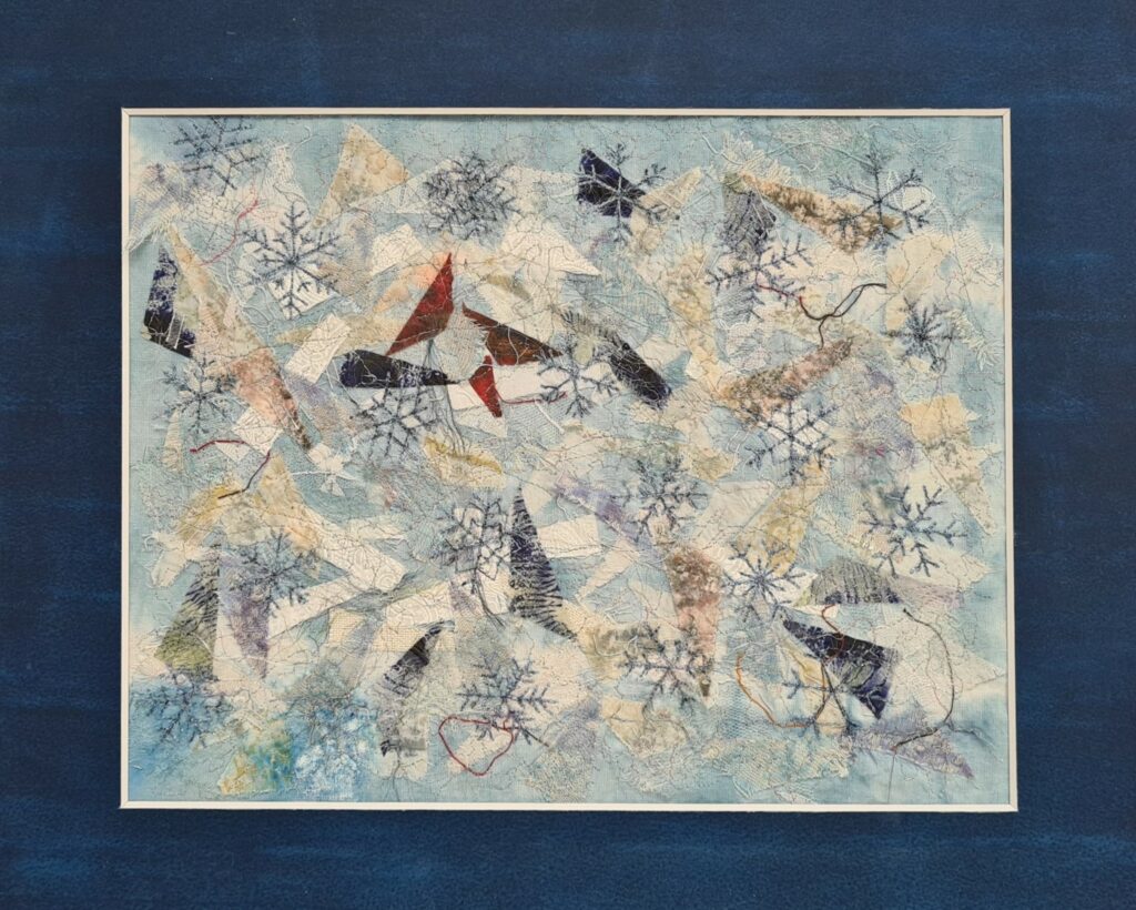 Vogeltje in December textiel kunst textielkunst